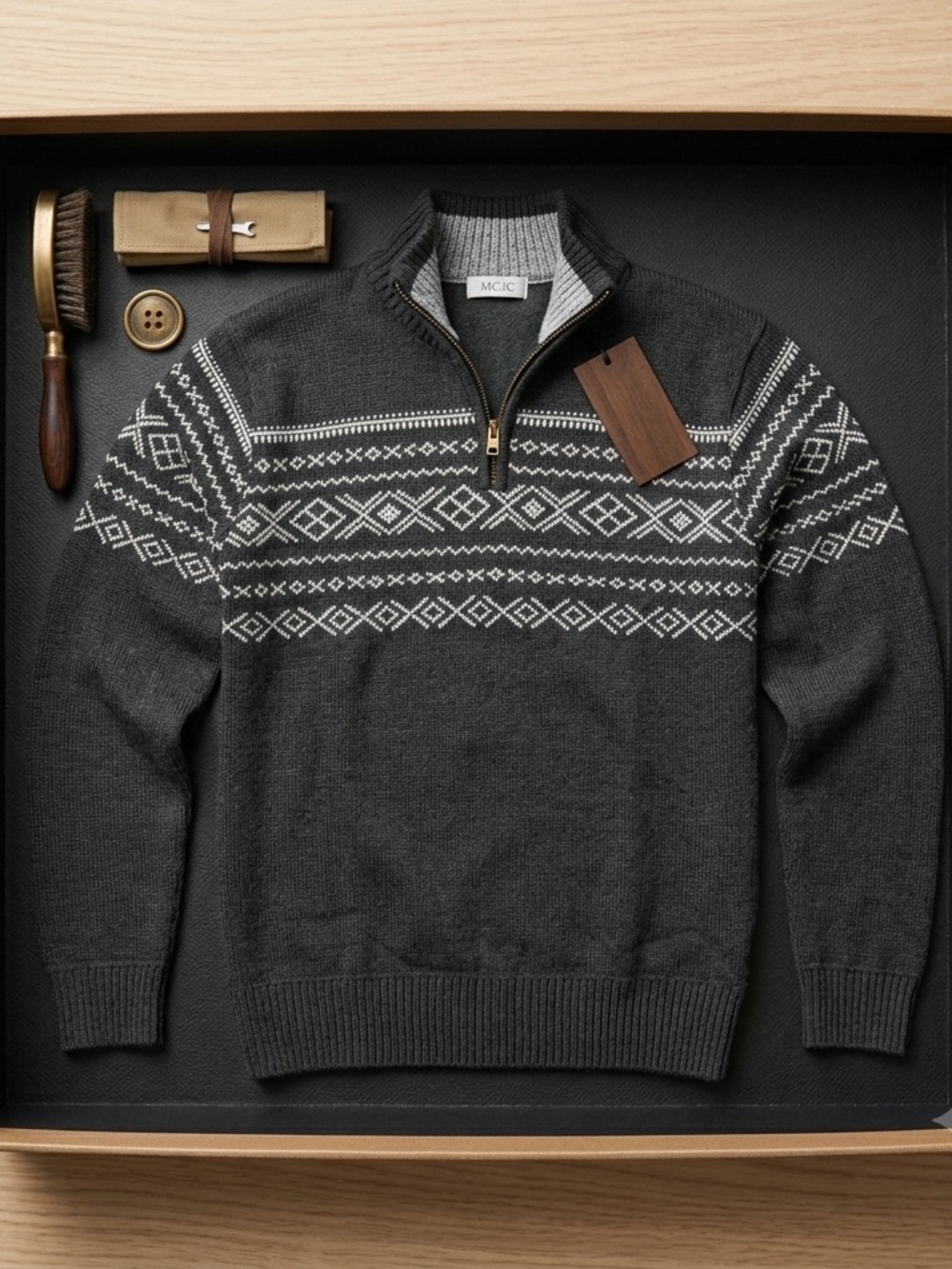 Black and white Fair Isle Zip-Neck Sweater